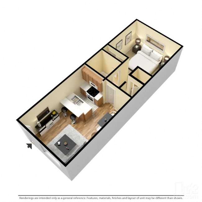 Floor plan for 1 bed, 1 bath, 539 sqft
